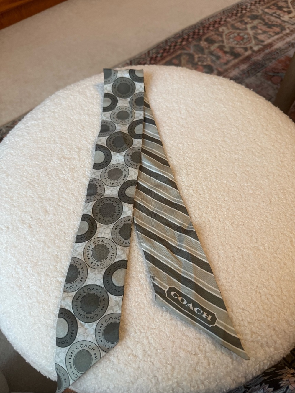 Coach Gray and Silver Silk Scarf with Signature Circle and Stripe Motifs